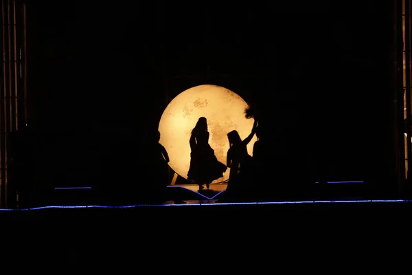 Танцюристи Силует Місячне Світло Сцені — стокове фото
