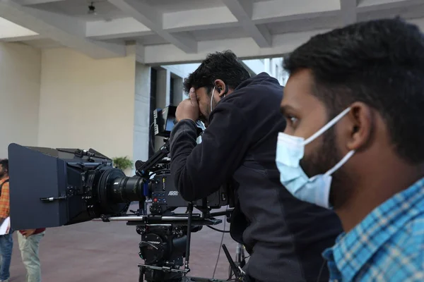 Film Crew Silhouette Lavoro Hyderabad India Marzo 2022 — Foto Stock