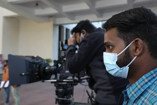 Filmploeg Silhouet Aan Het Werk Hyderabad India Maart 2022 — Stockfoto