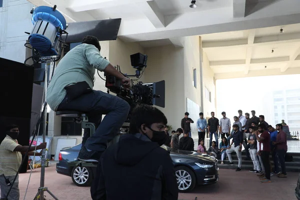 Filmcrew Silhouette Bei Der Arbeit Hyderabad Indien März 2022 — Stockfoto