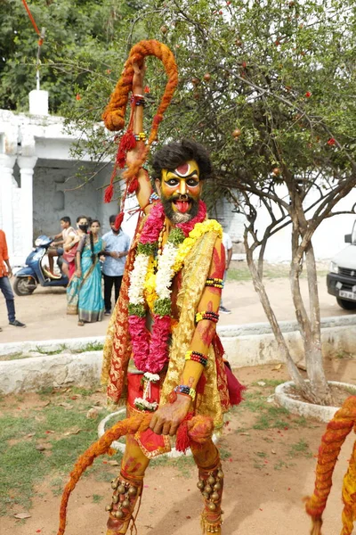 Danseurs Traditionnels Indiens Tenue Carnaval Hyderabad Inde Mars 2022 — Photo