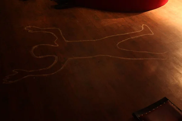 Chalk Outline Of Dead Body On Crime Scene