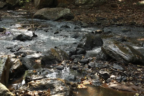 Water Stromend Door Mossige Rotsen Het Bos — Stockfoto