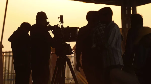 Silhueta Film Crew Trabalho — Fotografia de Stock