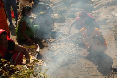 Indian Female Devotees at cooking at temple