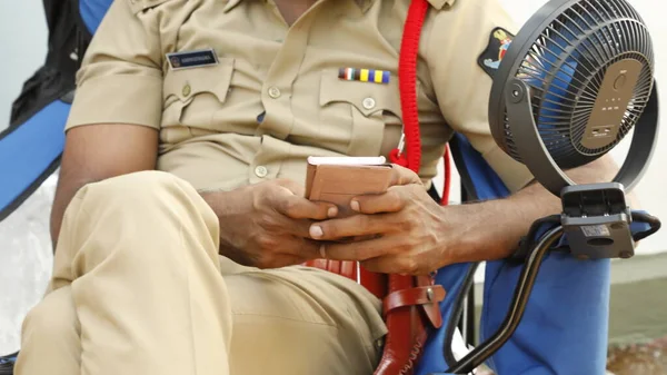 Indian Police Hands Cell Phone — 스톡 사진