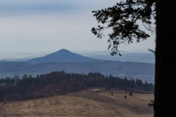 Panorama Kaczawskie Mountains Ostrzyca Mountain Skopiec Mountain — 图库照片