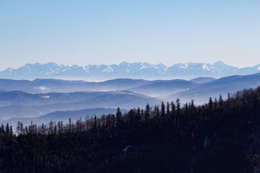 Winter view of the Slovak and Polish Tatra Mountains from Beskid Slaski Mountains