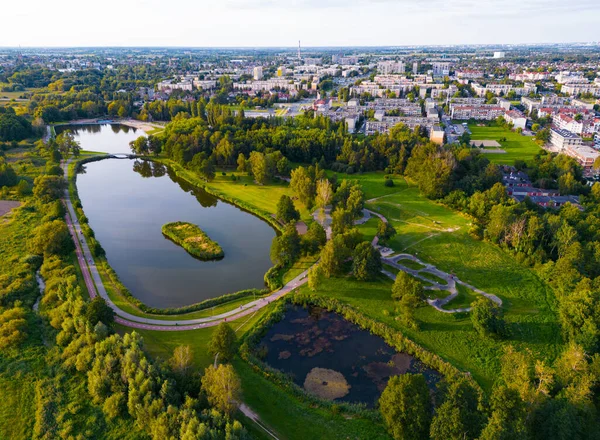 Public park called Lewityn in Pabianice City - view from drone