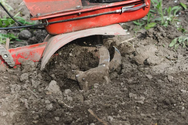 Red Moto Plow Laboure Sol Mécanisation Travail Manuel Lourd Dans — Photo