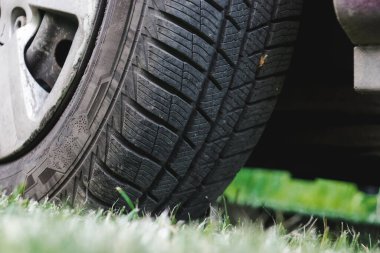 Yeşil çimlerin üzerinde kış arabası lastiği