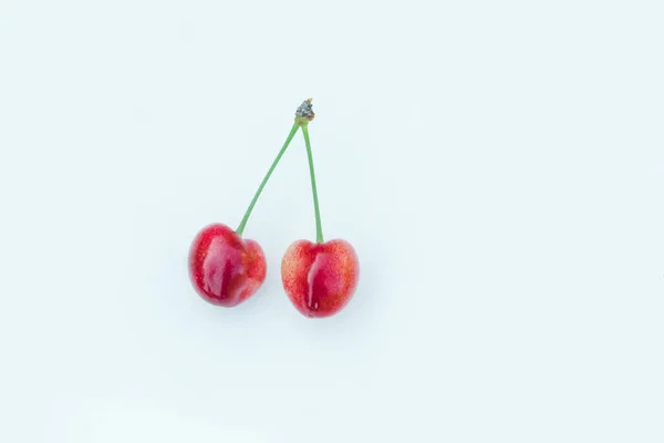 一对白色背景的甜樱桃 两个孤立的红樱桃 — 图库照片