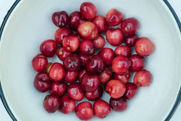 Bio Beeren Frisch Viele Süßkirschen Ohne Blattstiele Von Oben — Stockfoto