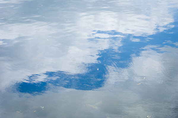Reflection of the blue sky with clouds. Sky and clouds reflection on water surface