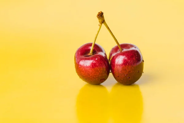 Two Juicy Berries Red Cherry Yellow Background Couple Red Juicy — Photo
