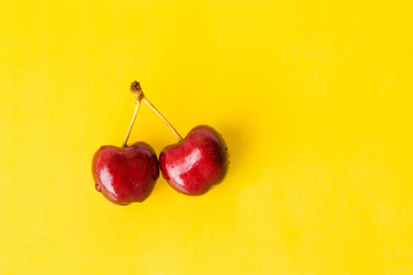 Two Juicy Berries Red Cherry Yellow Background Couple Red Juicy — Photo