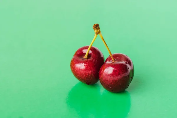 Two Juicy Berries Red Cherry Green Background Couple Red Juicy — Photo