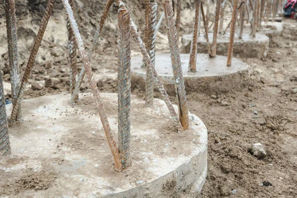 Pile foundation after completed. Before pile cap pile heads. Reinforced concrete piles of the new building. Concrete pile foundation for new construction site.