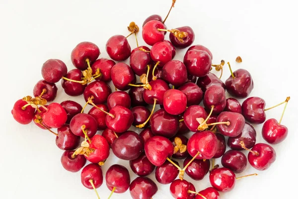 Lots Sweet Red Cherries Closeup Red Cherries Isolated White Background — Stockfoto