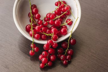 Sprigs of red currant in a white bowl. Sweet red currant spilling out from the bowl. Currant organic berries harvest - healthy eating and food concept