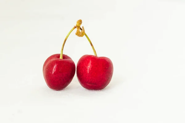 Two Juicy Berries Red Cherry White Fabric Background Couple Red — Stock Photo, Image
