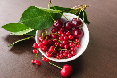 Green cherry leaves, red currant sprigs and ripe cherries in a white bowl closeup. Sweet currants spill out of the bowl. Red cherries and currants. Organic berries - healthy eating and food concept