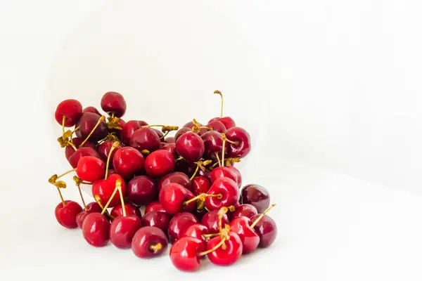 Red Cherries White Fabric Background Many Sweet Cherries Closeup Juicy — Photo