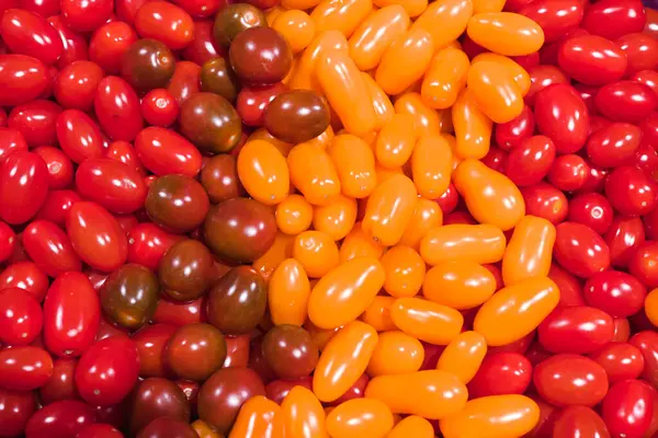 Textura Tomates Cesta Mercado Longo Fundo Textura Tomate Ameixa Padrão — Fotografia de Stock