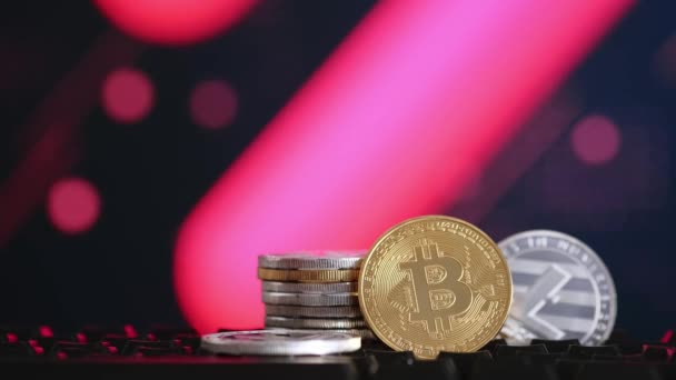 Koncept kryptoměny. Bitcoin a Litecoin na černém pozadí s padající růžové linie. — Stock video