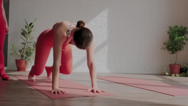 Vrouw yoga trainer helpt de student om de rug te strekken. Veilige yoga. Gezond levensstijl concept — Stockvideo