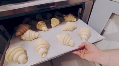 Baker, yalıtıcıdan çiğ kruvasan alıyor ve Combi vapurunda pişirmek için ayarlıyor. Yükselen hamur
