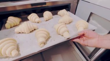 Baker, yalıtıcıdan çiğ kruvasan alıyor ve Combi vapurunda pişirmek için ayarlıyor. Yükselen hamur