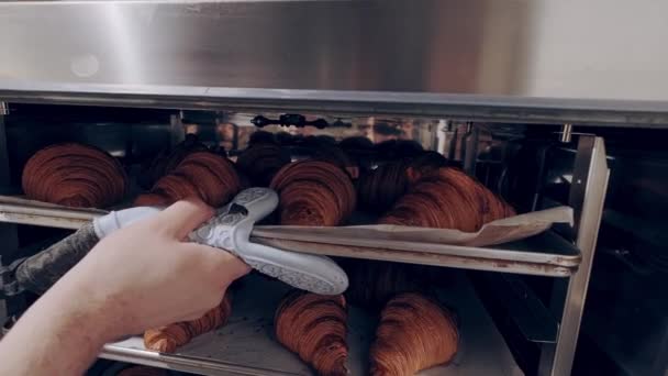 Baker kiveszi a frissen sült mandulás croissant-t a sütőből. Pékség — Stock videók