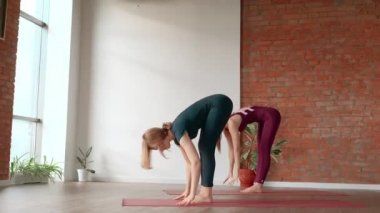 Spor üniformalı iki kadın güzel bir stüdyoda yoga yapıyor. Sağlıklı yaşam tarzı kavramı