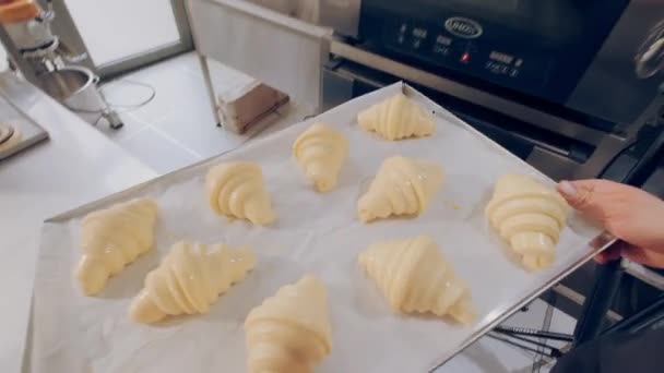 Baker nyers croissant-t tesz a sütőbe. Sütési folyamat — Stock videók