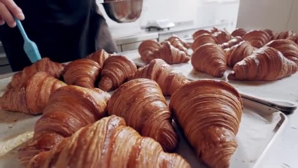 Baker engrasa croissants franceses recién horneados con ghee en la panadería. De cerca. — Vídeos de Stock
