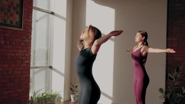 Deux jeunes filles en vêtements de sport faisant yoga namaste exercice dans le studio de yoga. Concept de yoga du matin — Video