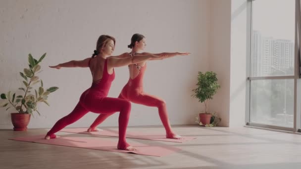 Kırmızı spor üniformalı iki kadın yoga stüdyosunda virabhadrasana yapıyorlar. Sağlıklı yaşam tarzı kavramı — Stok video