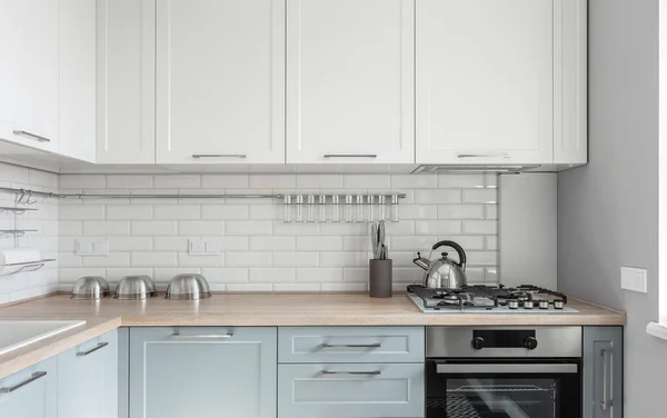 Design Modern Small Light White Kitchen Blue Kitchen Cabinets Loft ストック写真