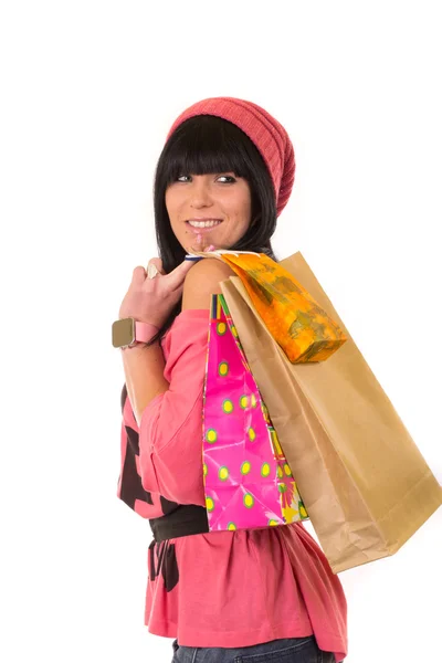 Krásná mladá dívka s nákupní tašky — Stock fotografie