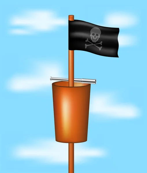 Bandera pirata con una cesta y un catalejo (observación) en el cielo azul con nubes — Archivo Imágenes Vectoriales