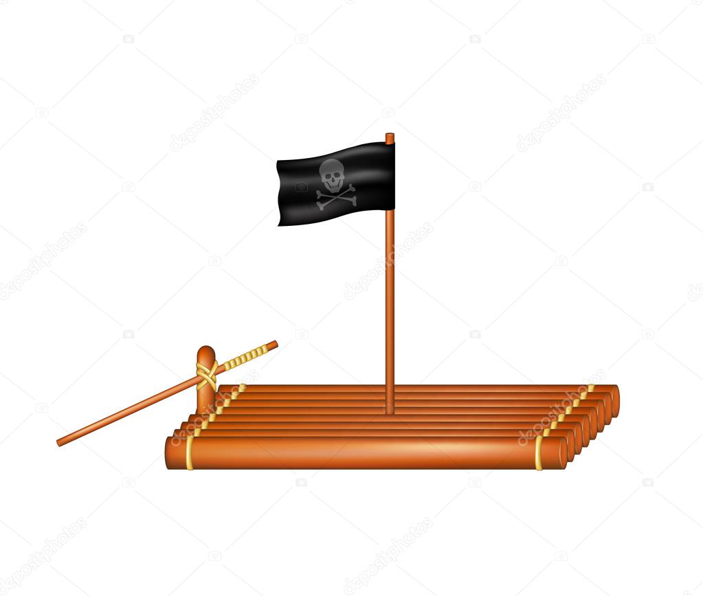 Wooden raft with pirate flag
