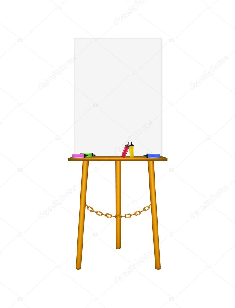 Blank art board, wooden easel and highlighters