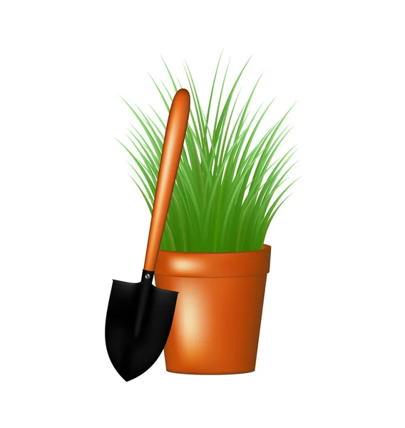 Truelle de jardin et herbe en pot de fleurs — Image vectorielle