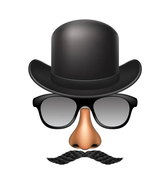 Máscara divertida hecha de gafas, bigote, nariz y sombrero de jugador de bolos — Vector de stock