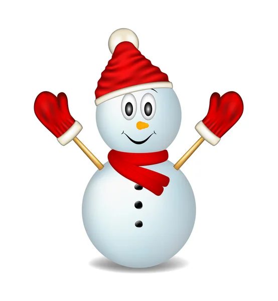 Mosolygó hóember visel ujjatlan kesztyű, kalap és sál — Stock Vector