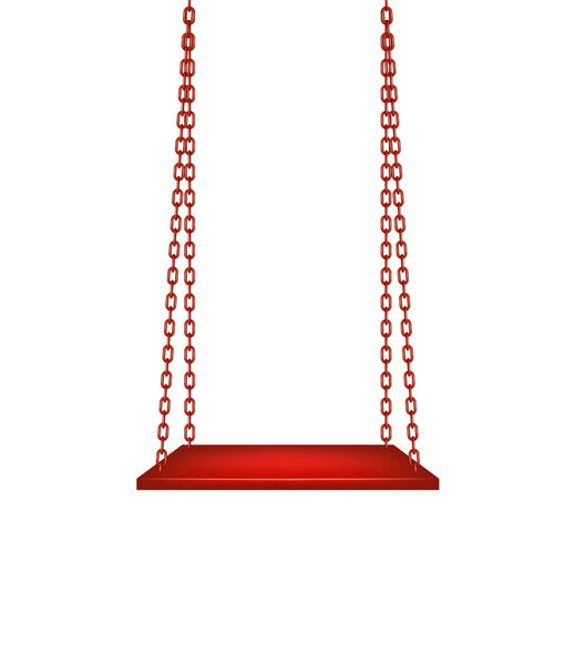 Wooden swing hanging on red chains