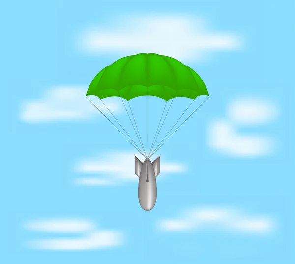 Бомба на зеленом парашюте на голубом небе — стоковый вектор