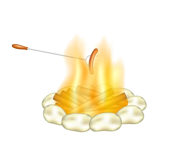 Campfire e salsiccia su una forchetta — Vettoriale Stock
