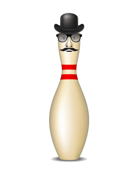 Bowling pin with bowler hat, mustache and glasses — Stock Vector